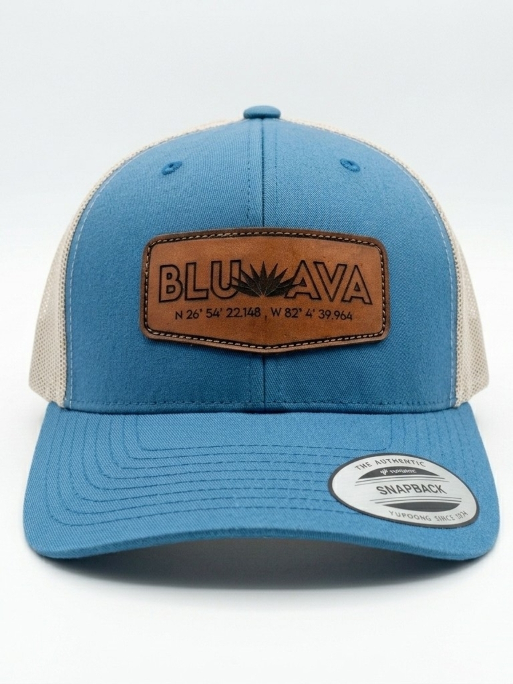 Blu Ava Florida Coastal Leather Patch Trucker Hat Blue Yupoong Snapback